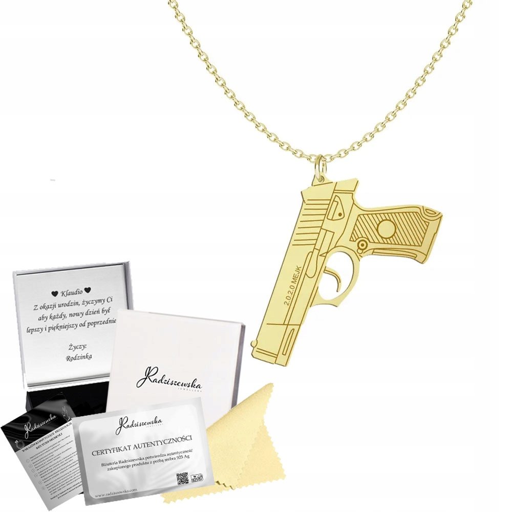 Złoty Naszyjnik PISTOLET Łańcuszek SREBRO 925 Prezent GRAWER GRATIS