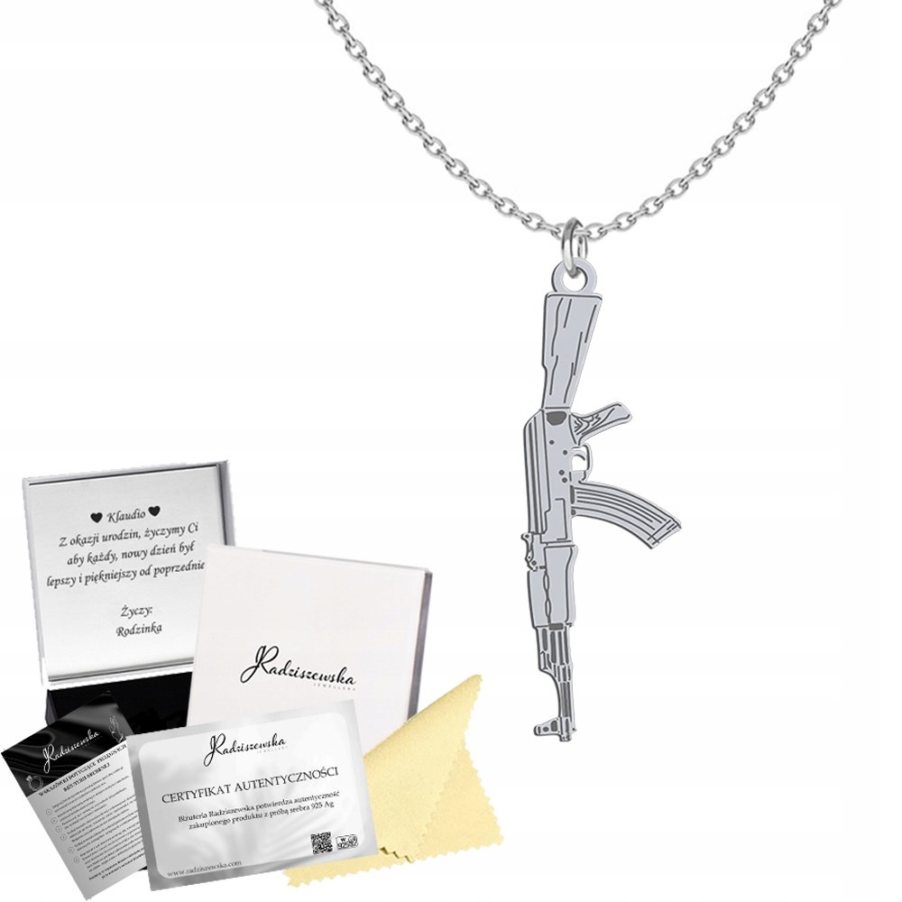 Naszyjnik Srebrny KAŁASZNIKOW AK 47 Łańcuszek 925 Prezent DEDYKACJA GRATIS