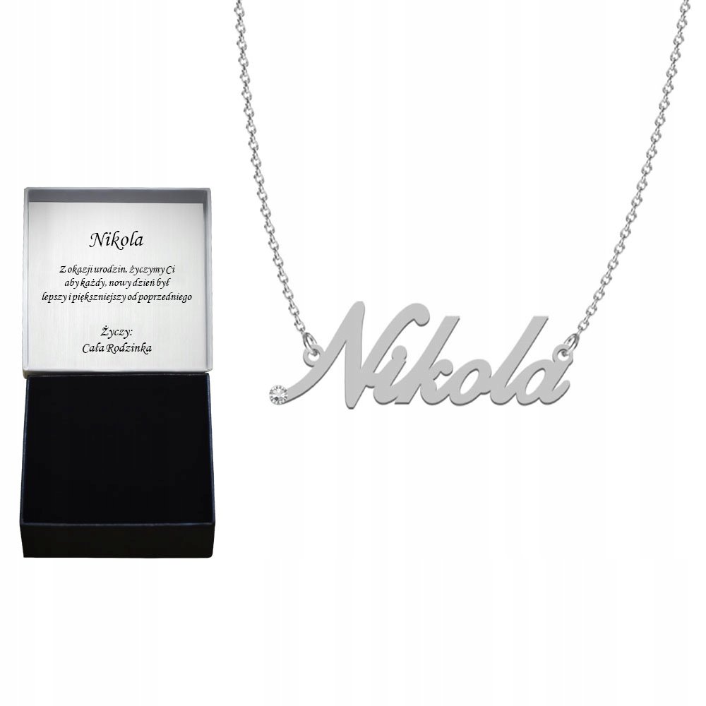 Naszyjnik Srebrny z imieniem Nikola 925 cyrkonia DEDYKACJA GRATIS