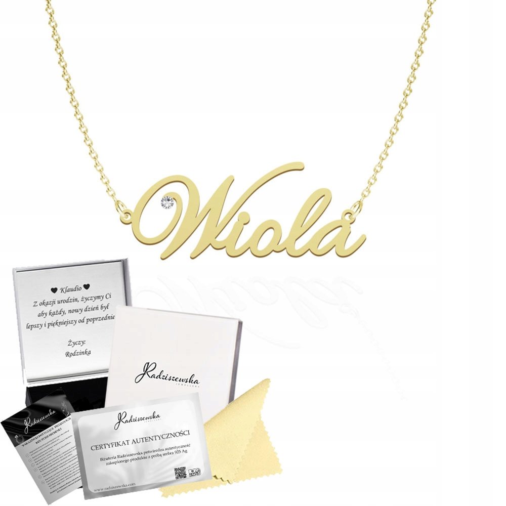 Złoty Naszyjnik z Imieniem WIOLA Łańcuszek SREBRO 925 Prezent ŻYCZENIA