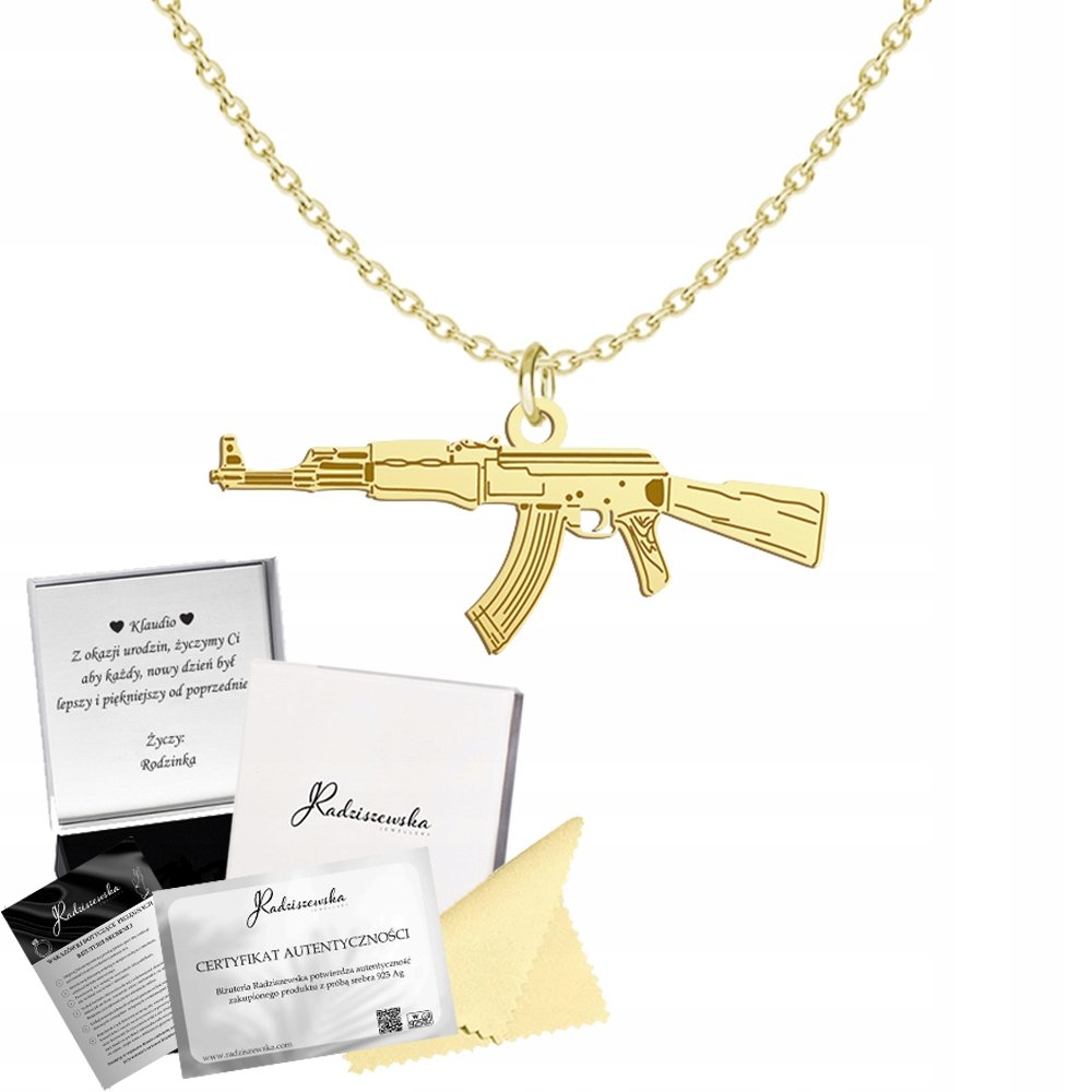 Złoty Naszyjnik AK 47 Kałasznikow SREBRO 925 Prezent DEDYKACJA GRATIS