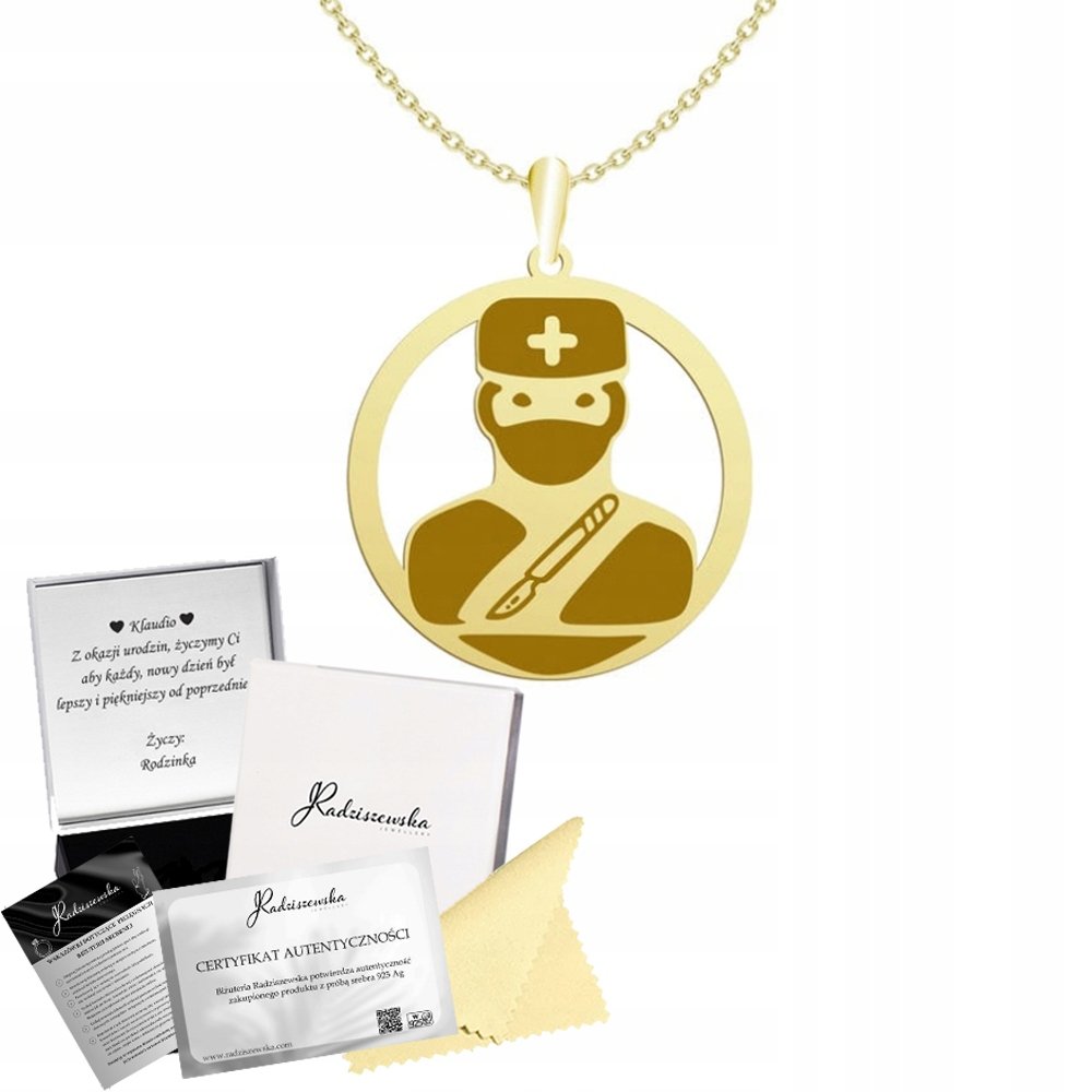 Złoty Naszyjnik CHIRURG 925 Łańcuszek Prezent Służba Zdrowia GRAWER