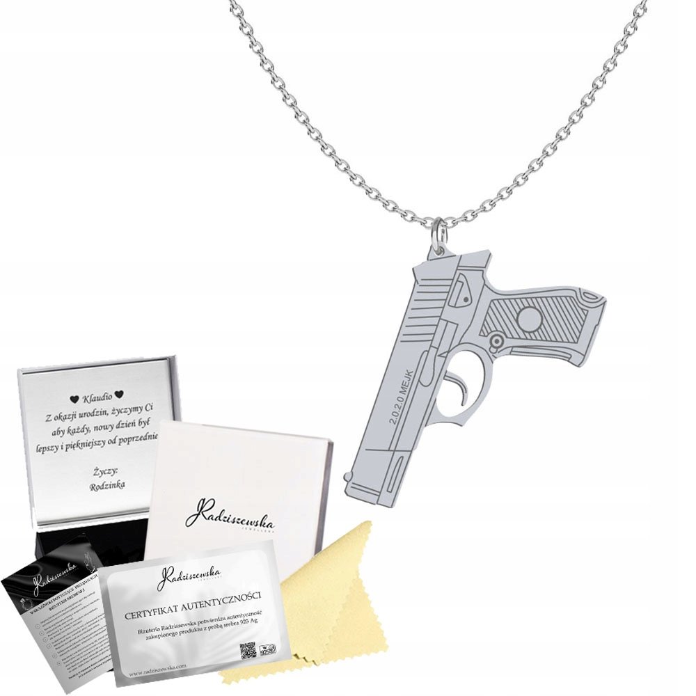Naszyjnik Srebrny Pistolet Łańcuszek 925 Prezent Biżuteria DEDYKACJA GRATIS