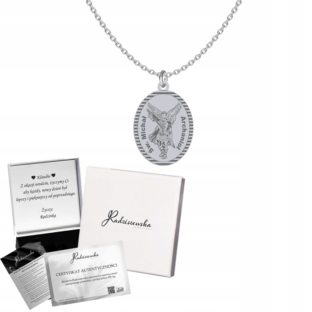 Naszyjnik Srebrny ze Św. Michałem Archaniołem Łańcuszek 925 Prezent GRAWER