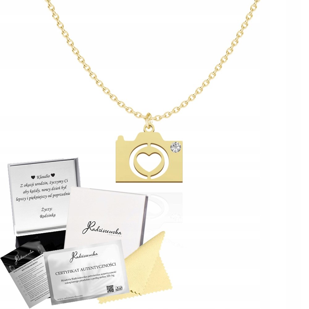 Złoty Naszyjnik z Aparatem Fotograficznym SREBRO 925 DEDYKACJA GRATIS