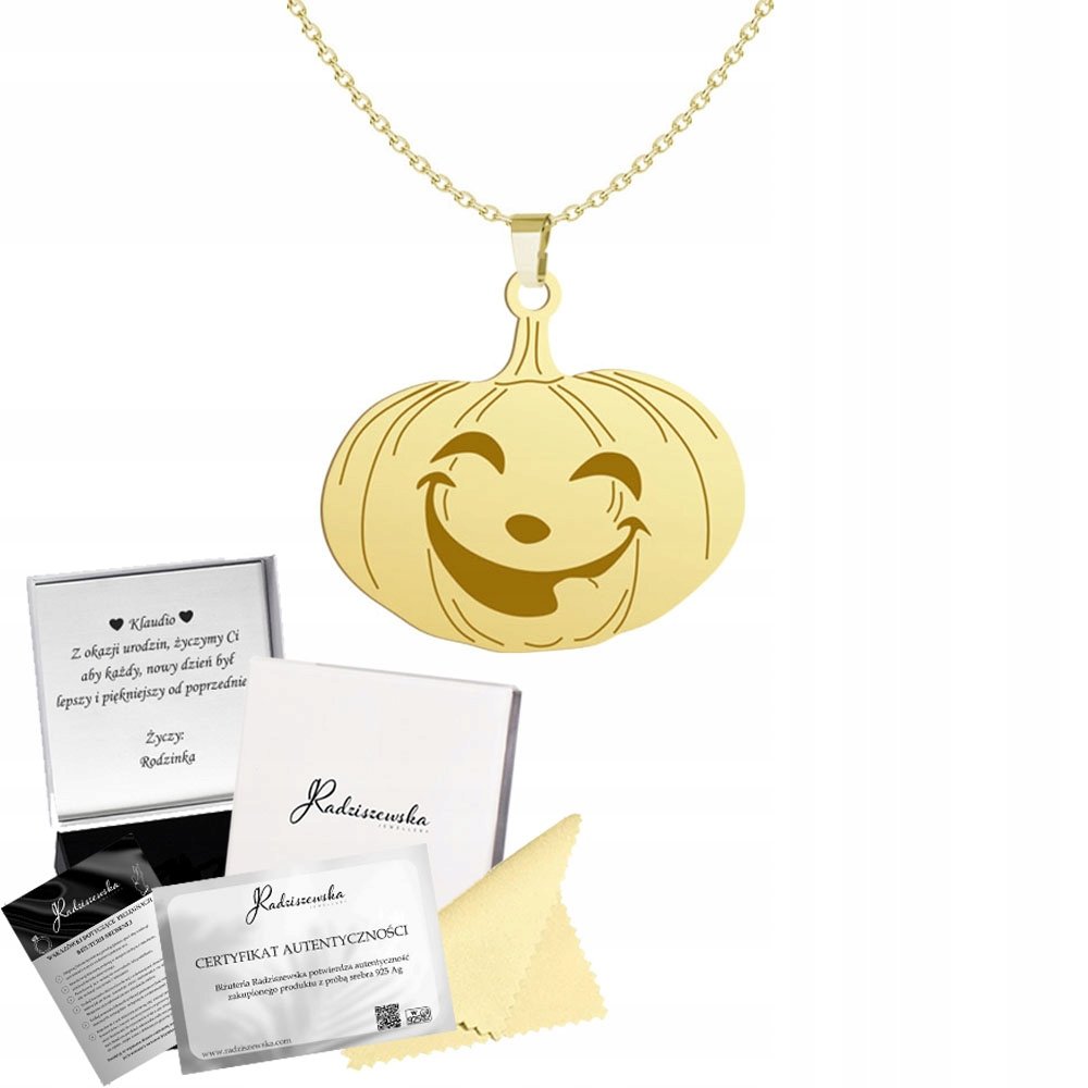Złoty Naszyjnik Dynia na Halloween Łańcuszek Srebro 925 Prezent Grawer