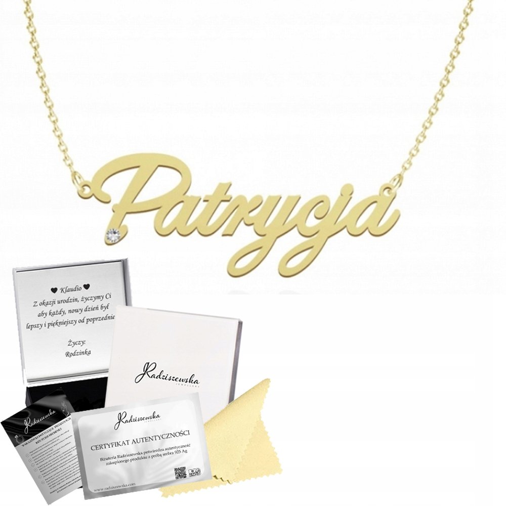 ZŁOTY NASZYJNIK Z IMIENIEM PATRYCJA ŁAŃCUSZEK SREBRO 925 PREZENT DEDYKACJA