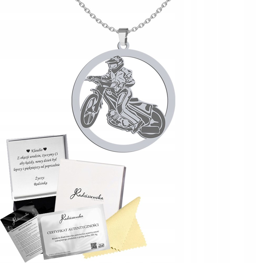 Naszyjnik Srebrny SPEEDWAY Żużel 925 Łańcuszek Prezent GRAWER GRATIS