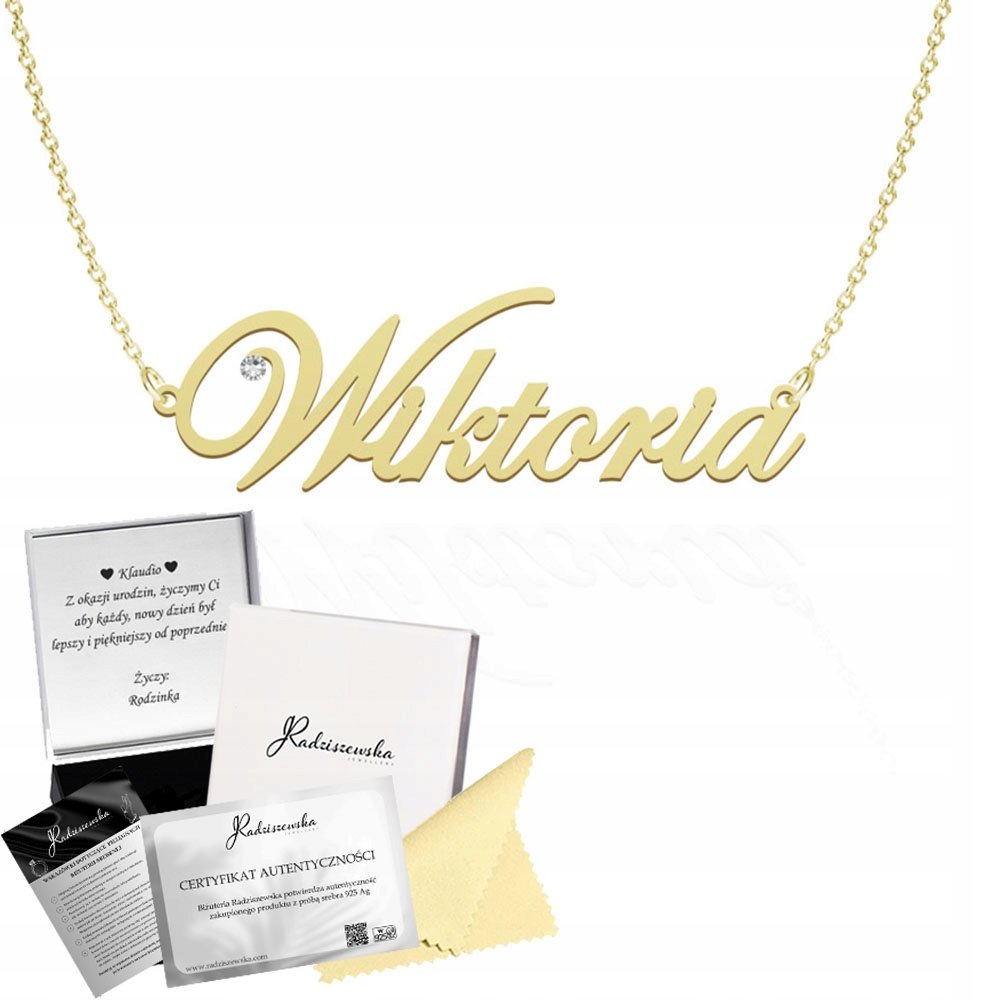 Złoty Naszyjnik z imieniem Wiktoria Łańcuszek SREBRO 925 DEDYKACJA GRATIS