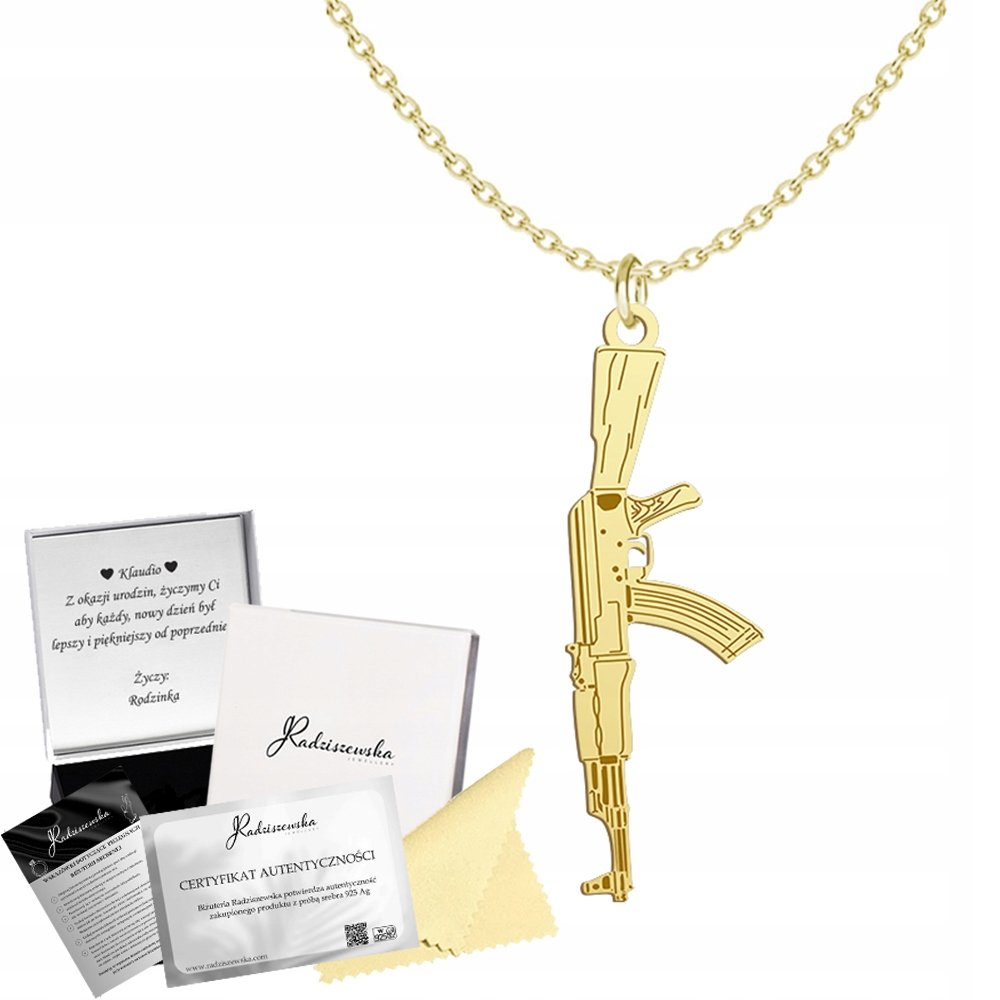 Złoty Naszyjnik Kałasznikow AK 47 SREBRO 925 Prezent DEDYKACJA GRATIS