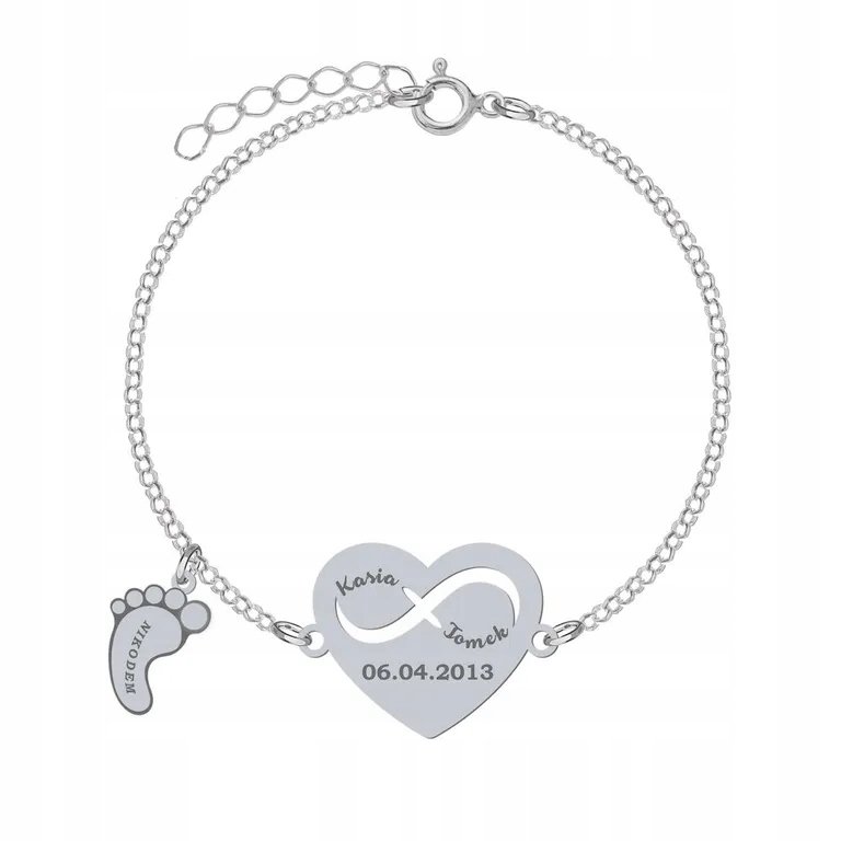 Bransoletka Srebrna Imię Dziecka Serce Data 925 Dzień Mamy Prezent GRAWER