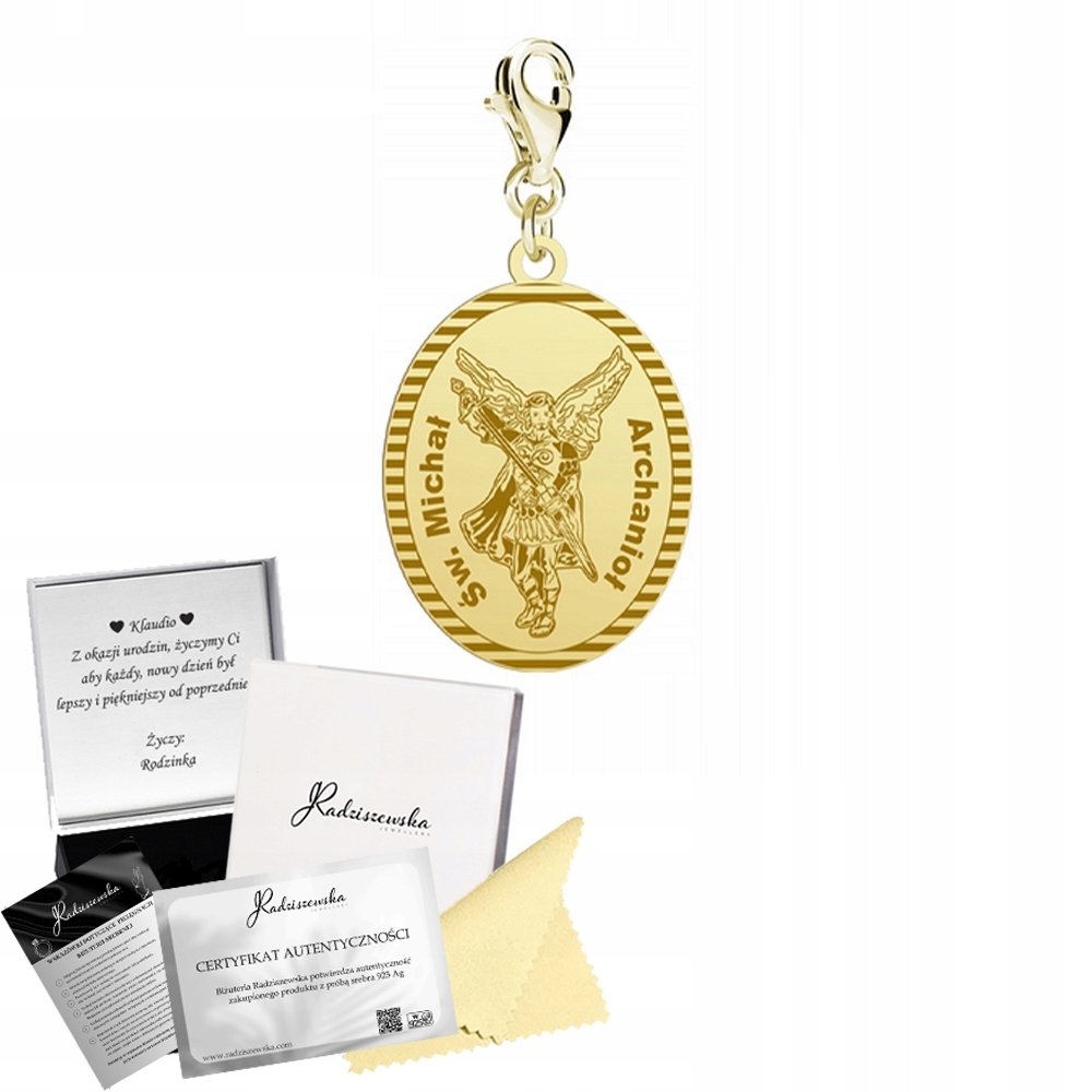 Charms Pozłacany Święty Michał Archanioł Prezent Biżuteria ŻYCZENIA GRATIS