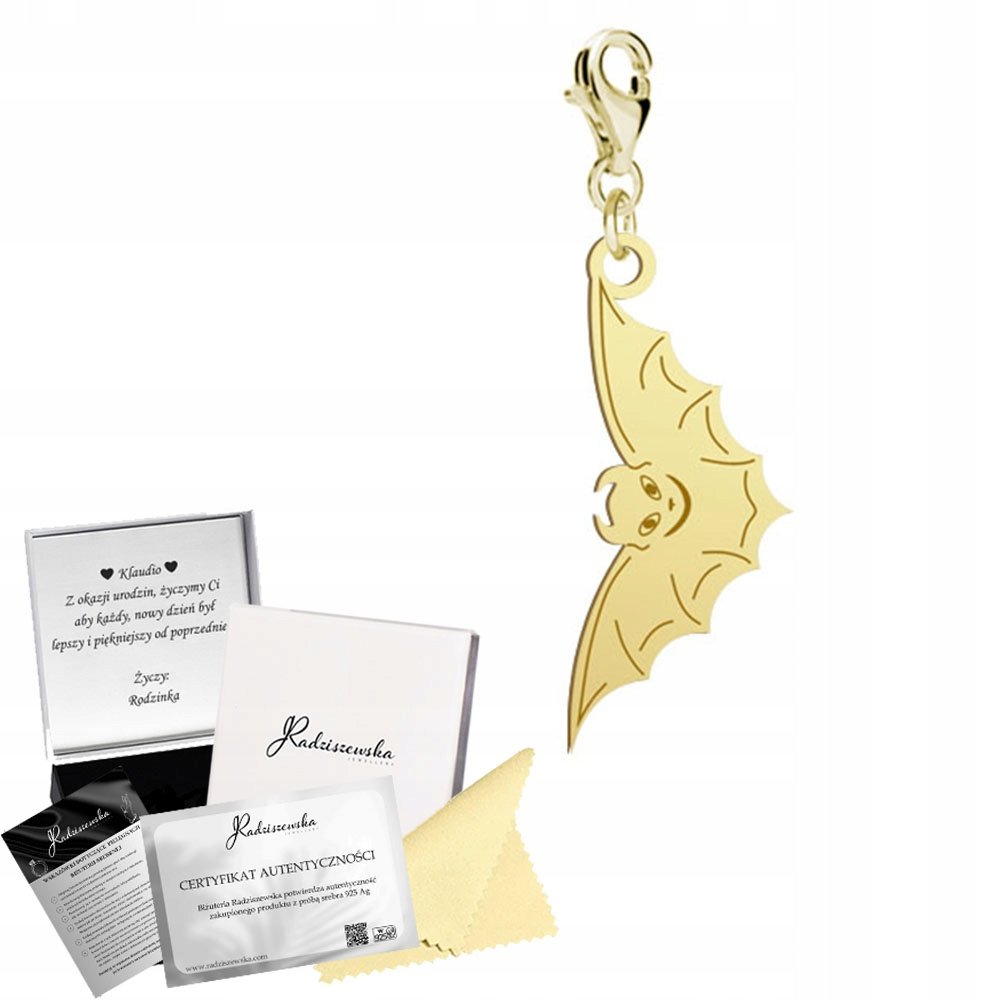 Charms Złoty Nietoperz Halloween 925 Prezent Zawieszka Biżuteria ŻYCZENIA