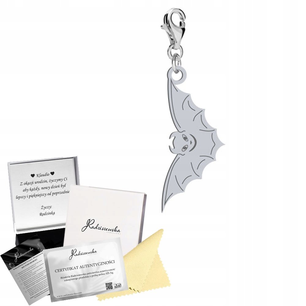 Charms Srebrny Nietoperz Halloween 925 Prezent Zawieszka Biżuteria ŻYCZENIA