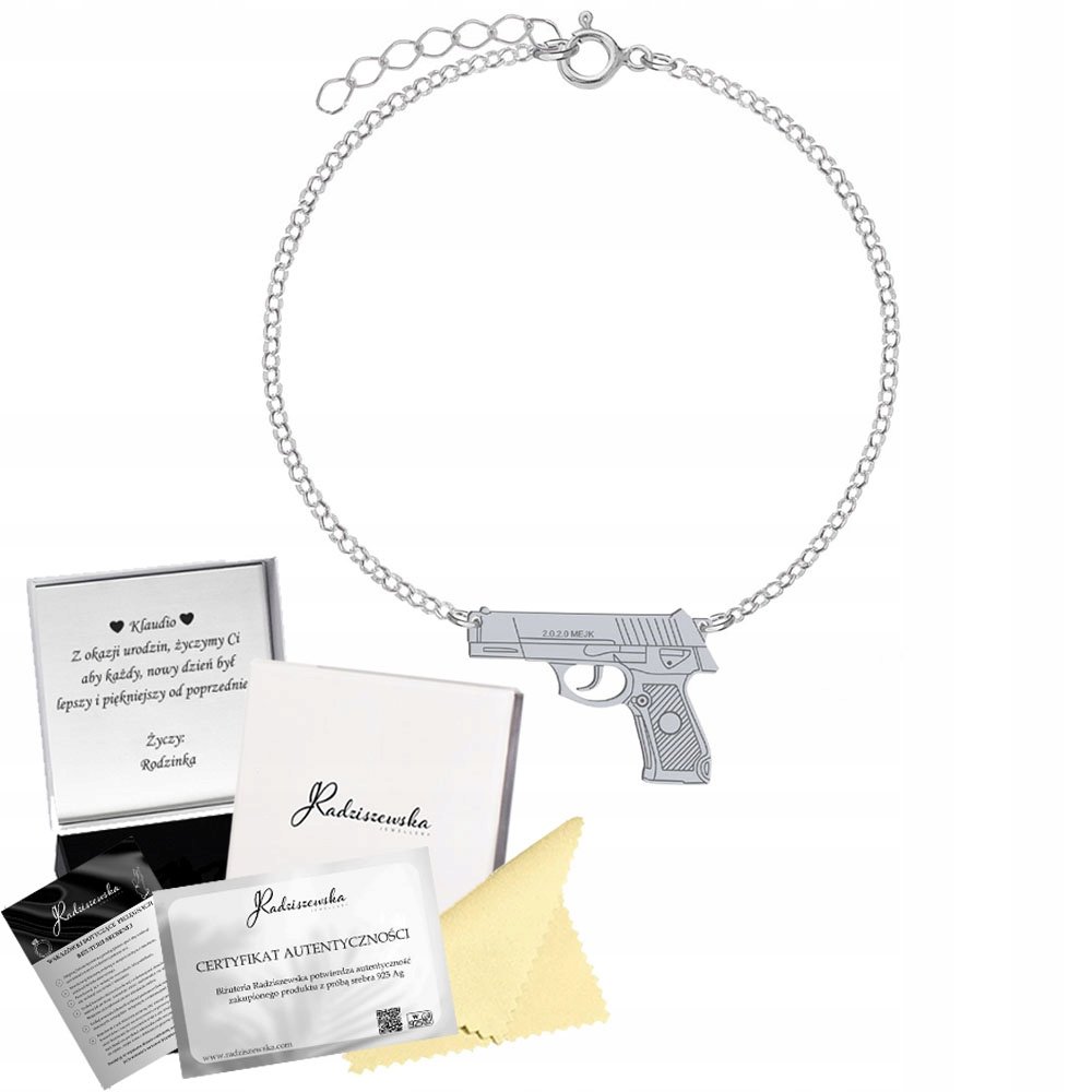 Bransoletka Srebrna PISTOLET Łańcuszek 925 Prezent Biżuteria GRAWER GRATIS