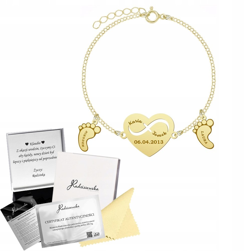 Bransoletka Złota SERCE STÓPKI Imię Dziecka Dzień Matki SREBRO 925 GRAWER