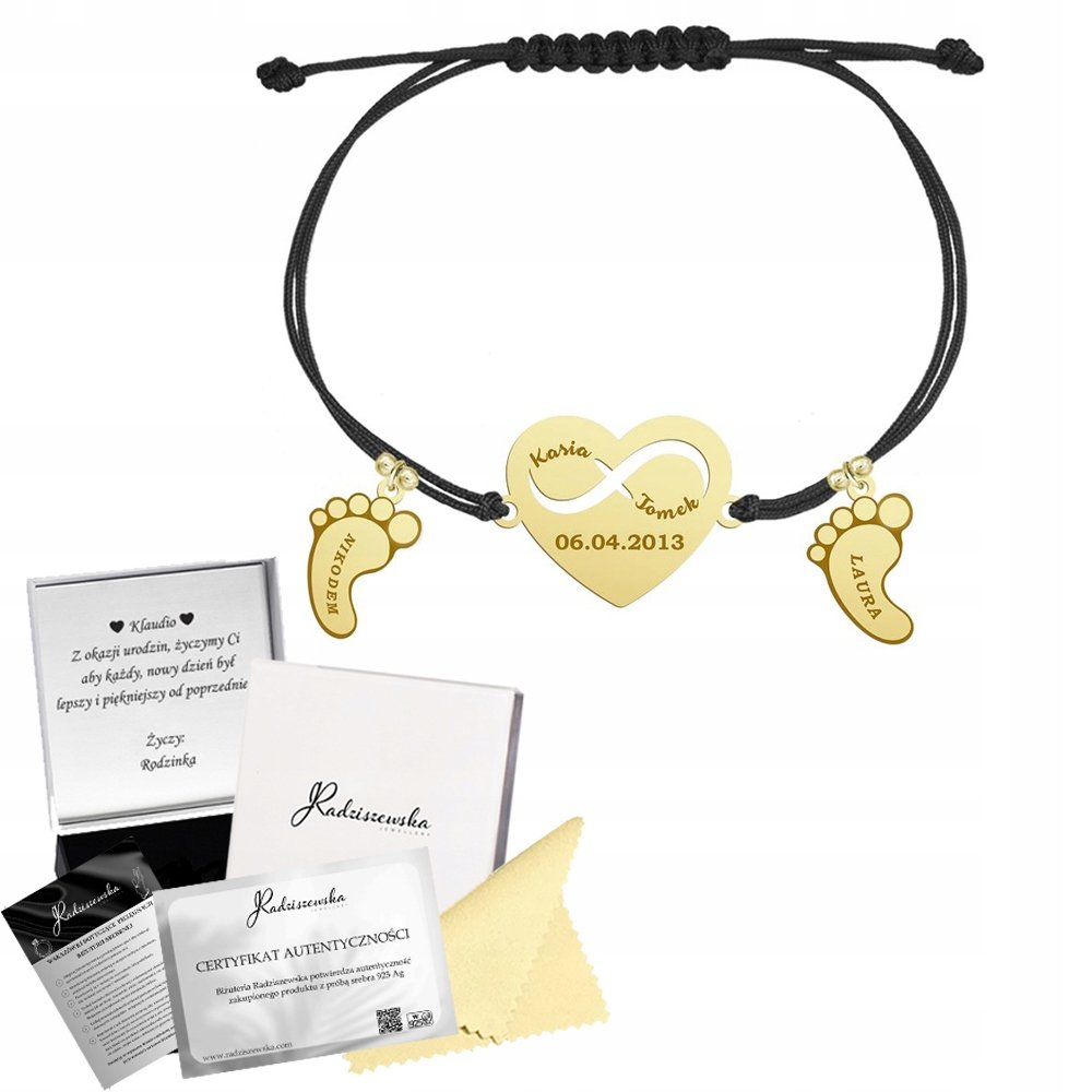 Bransoletka Złota Serce STÓPKI IMIĘ DZIECKA Prezent SREBRO 925 GRAWER