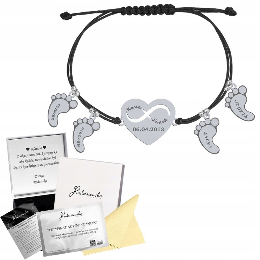 Bransoletka Srebrna dla Mamy STÓPKI SERCE z Grawerem 925 ŻYCZENIA GRATIS