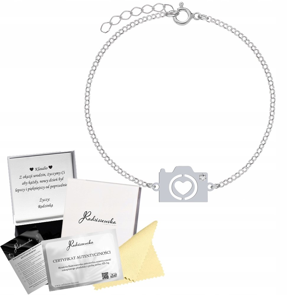Bransoletka Aparat Fotograficzny Łańcuszek SREBRO 925 DEDYKACJA GRATIS