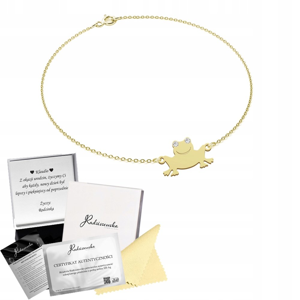 Bransoletka Złota Żaba Łańcuszek SREBRO 925 Prezent DEDYKACJA GRAWER GRATIS