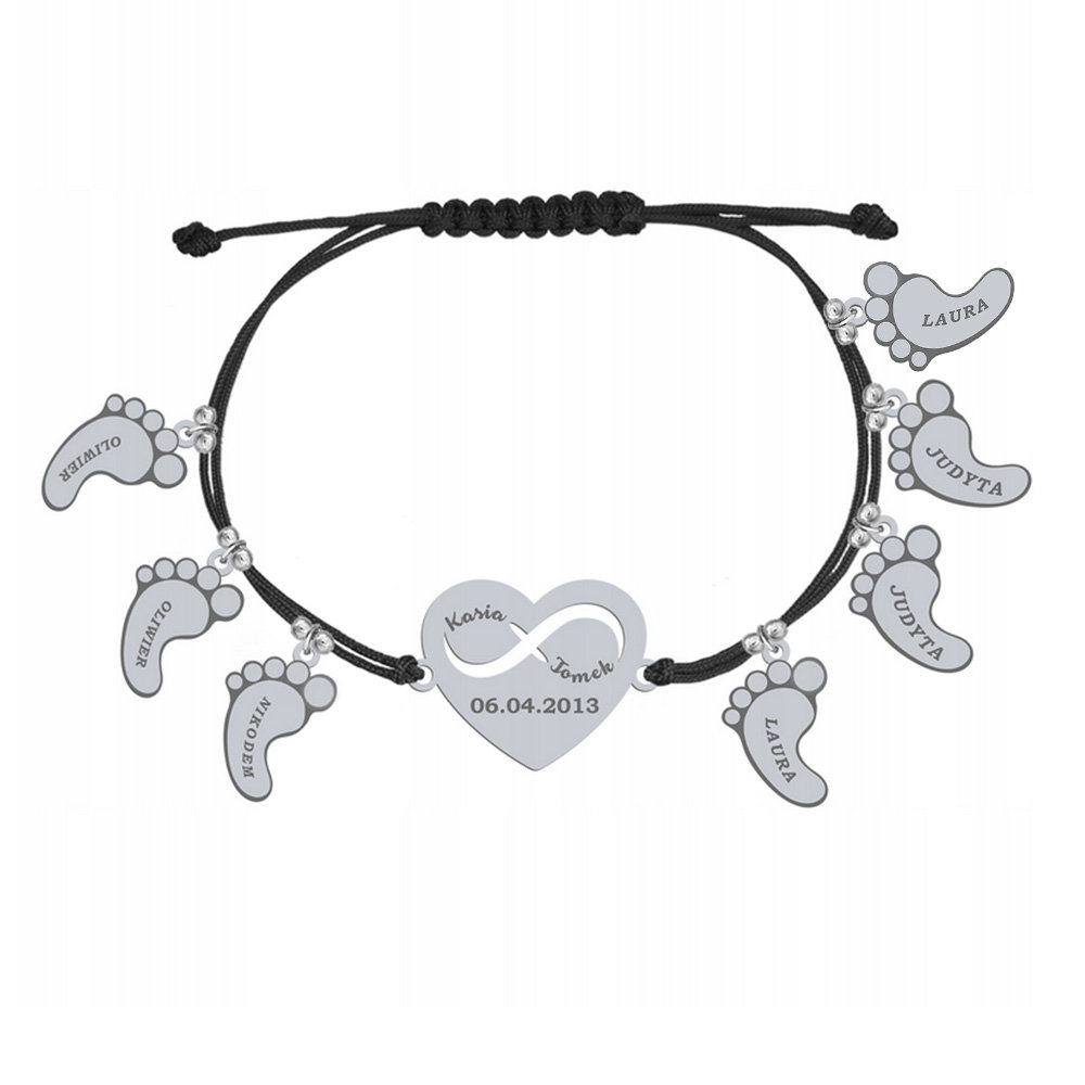 Bransoletka Srebrna Stópki Serce z Grawerem Imię Dziecka Dzień Mamy 925