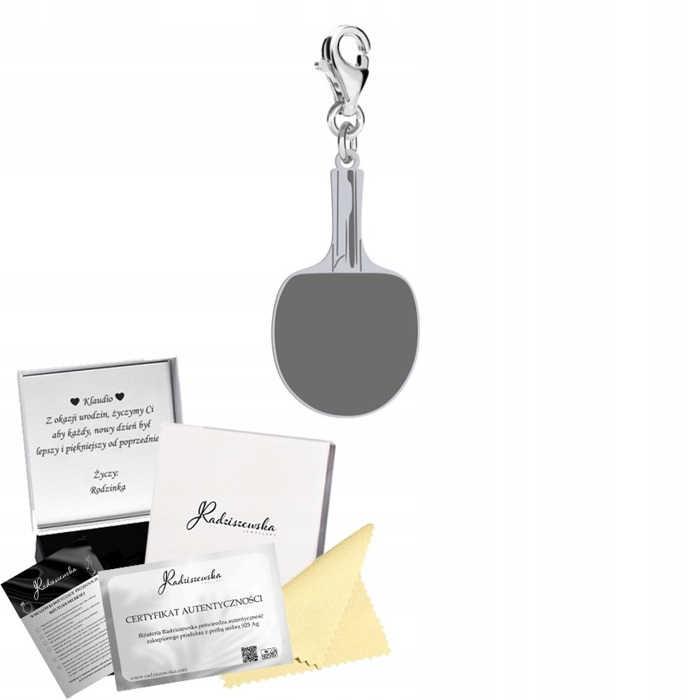 Charms Srebrny Tenis Stołowy Karabińczyk Srebro 925 Prezent DEDYKACJA