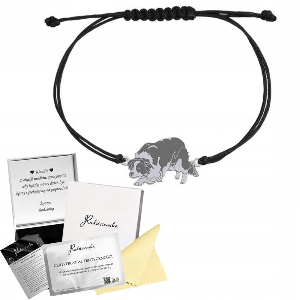 Bransoletka Srebrna Border Collie Sznurek Srebro 925 Prezent GRAWER GRATIS