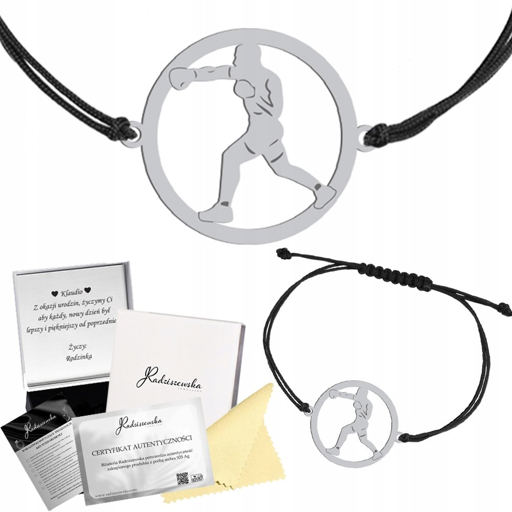 Bransoletka Srebrna Kick-boxing Sznurek Srebro 925 Prezent GRAWER GRATIS