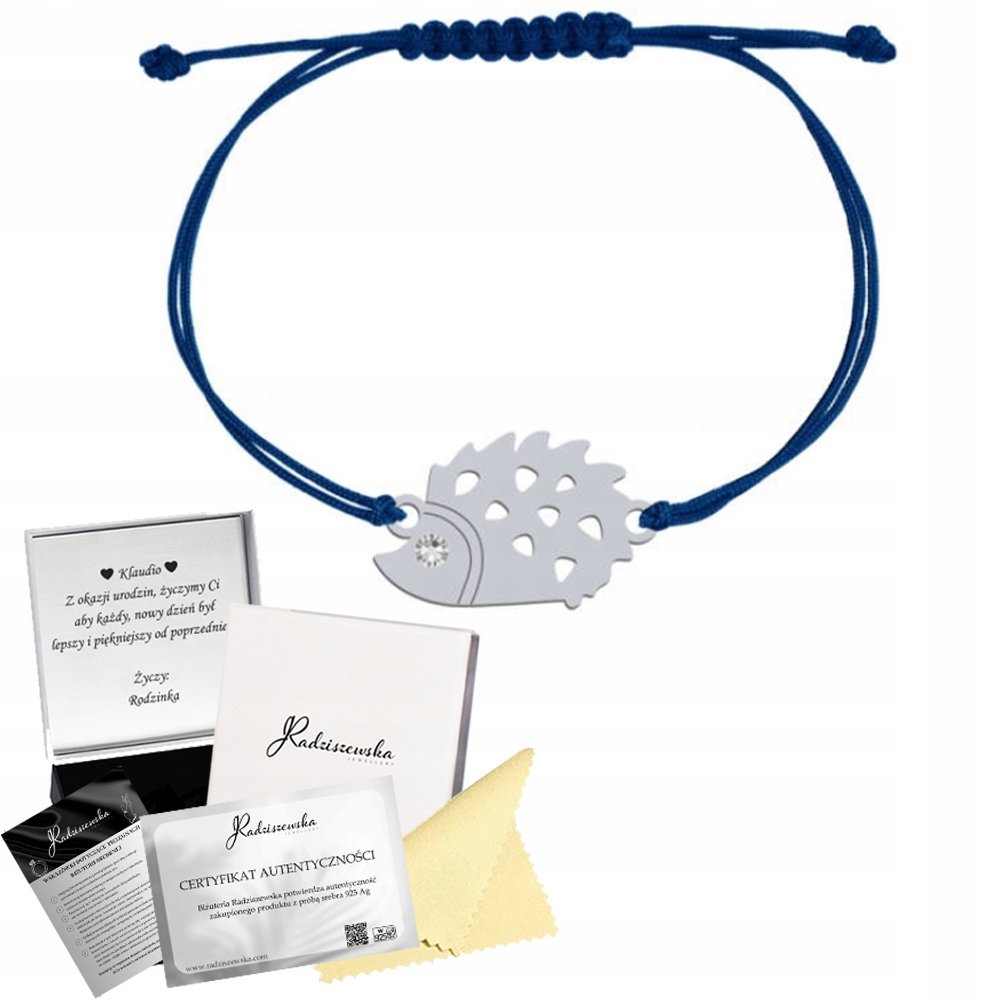 BRANSOLETKA SREBRNA Z JEŻEM SZNUREK JEŻ PREZENT 925 ŻYCZENIA GRATIS