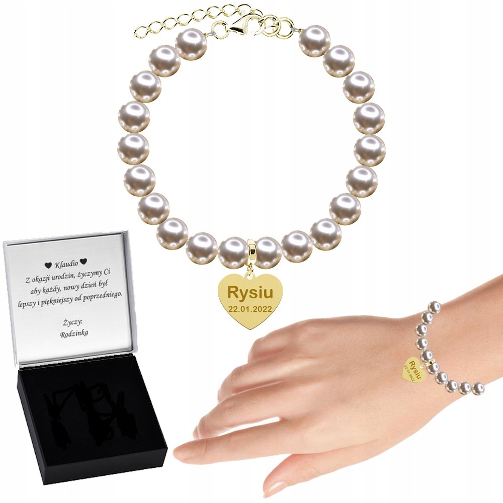 Bransoletka Pozłacana z Pereł Serce Dzień Matki Prezent 925 Grawer