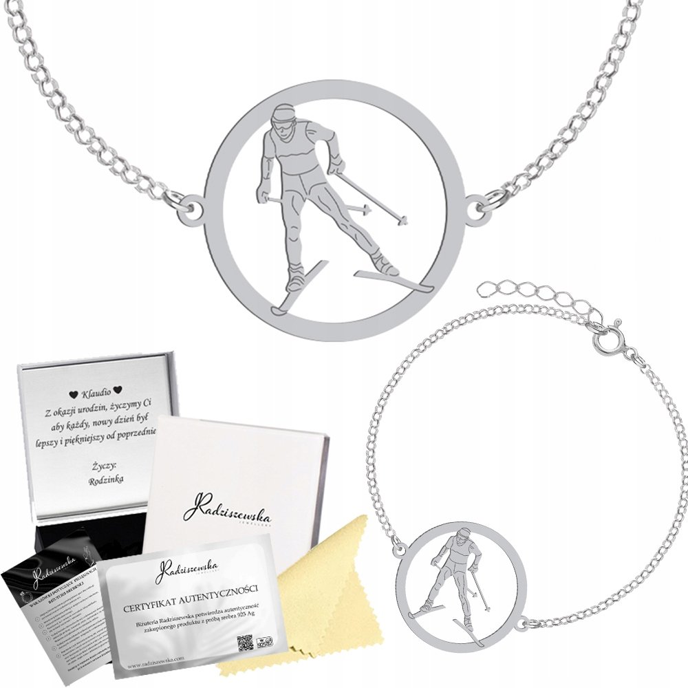 Bransoletka Srebrna Biegi Narciarskie Łańcuszek 925 Prezent GRAWER GRATIS