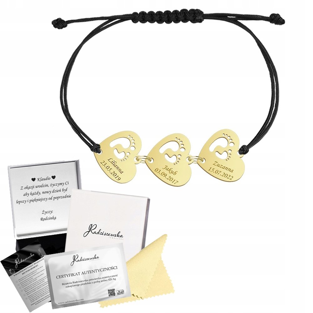 Bransoletka Złota Imię Dziecka STÓPKI SERCE Prezent Dzień Mamy 925 GRAWER