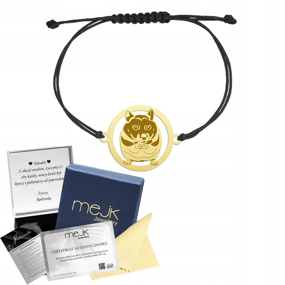 Bransoletka Złota z Chomikiem Sznurek SREBRO 925 Prezent Dziecko GRAWER