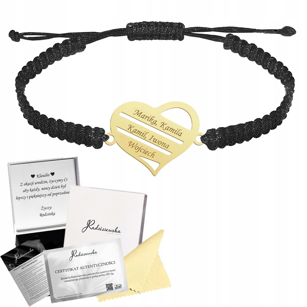 Bransoletka Złota Serce z grawerem Dzień Matki Srebro 925 Makrama Prezent