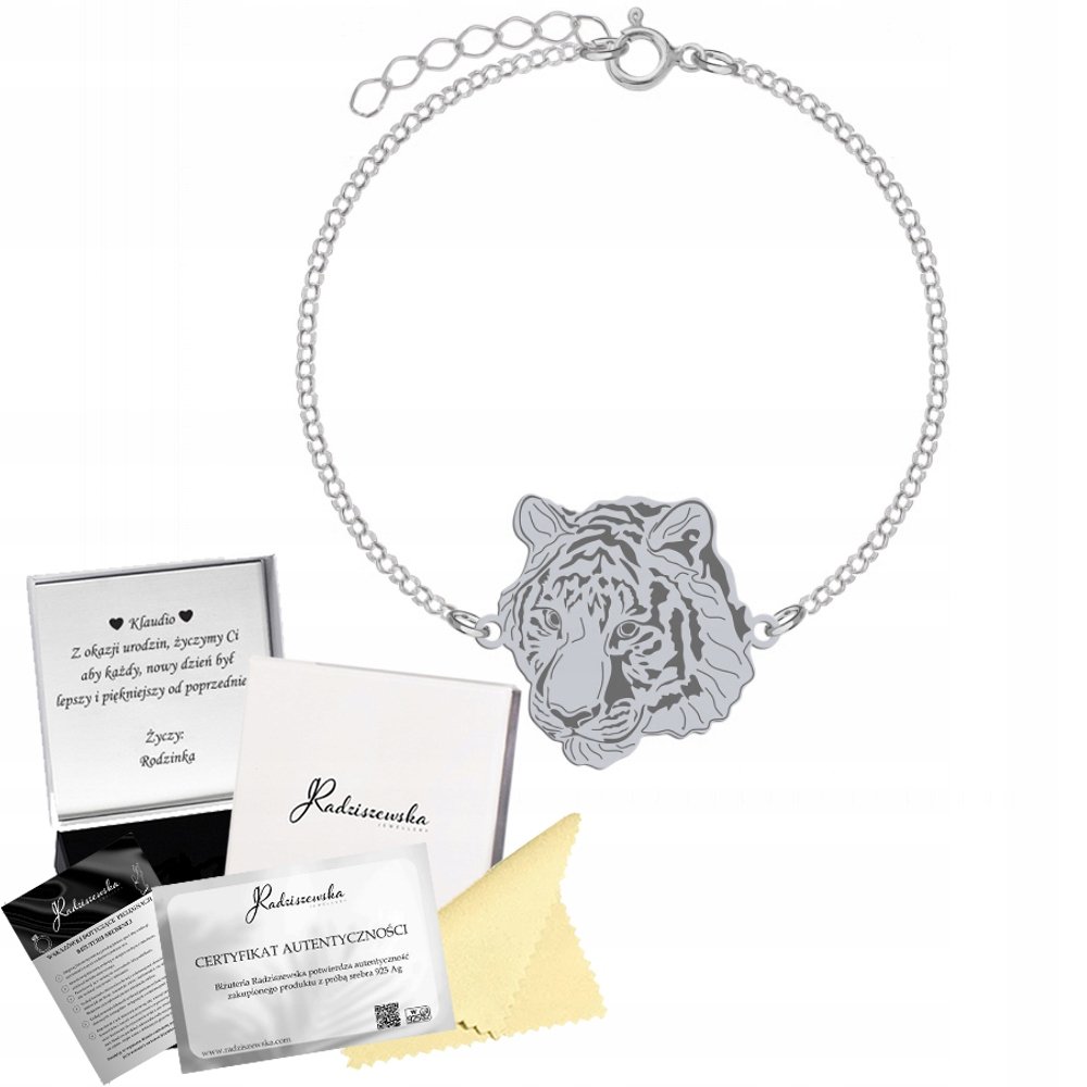 BRANSOLETKA SREBRNA Z TYGRYSEM TYGRYS ŁAŃCUSZEK PREZENT 925 GRAWER GRATIS
