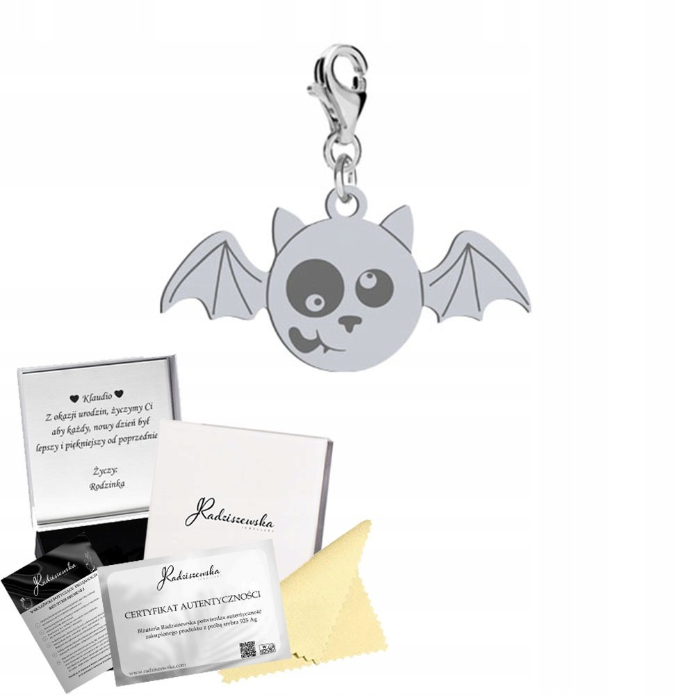 Charms Srebrny na Halloween Nietoperz 925 Prezent Zawieszka Biżuteria