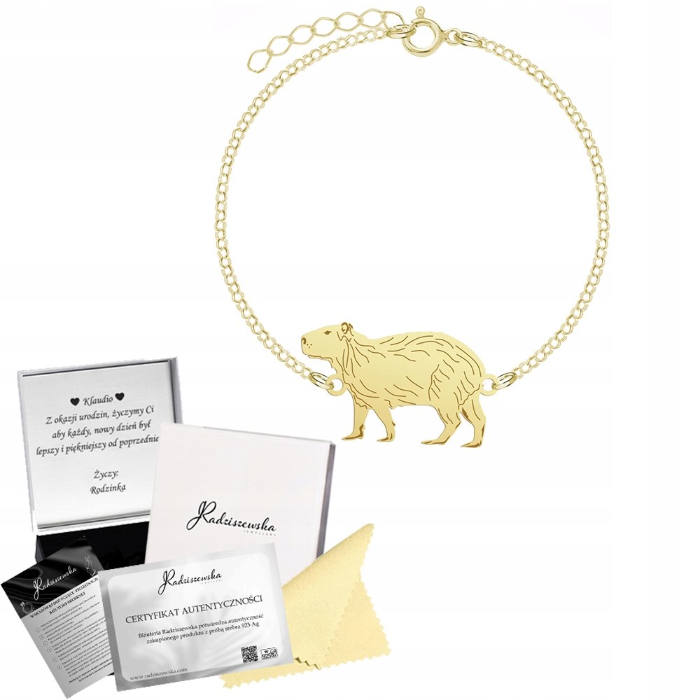 Złota Bransoletka KAPIBARA Łańcuszek Biżuteria Prezent 925 GRAWER GRATIS