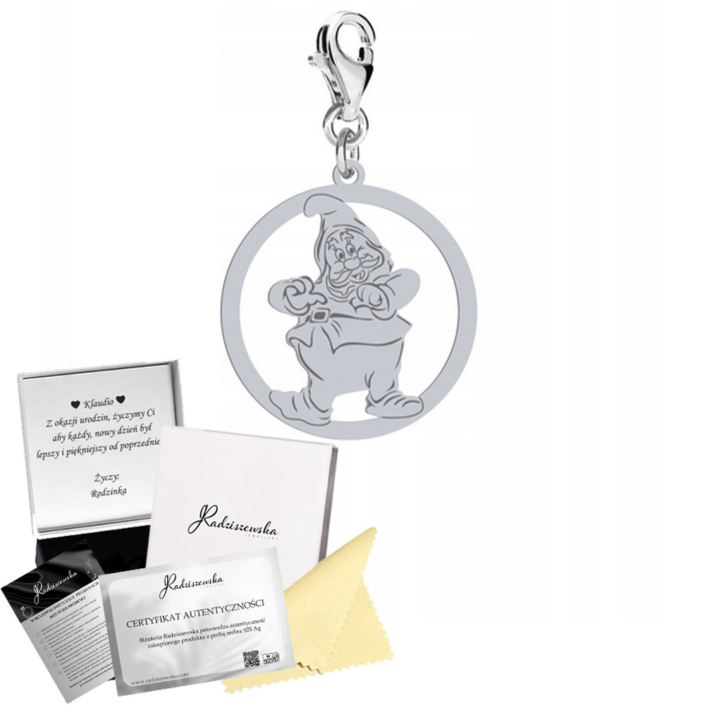 Charms Srebrny Krasnal Prezent Biżuteria Zawieszka ŻYCZENIA GRATIS
