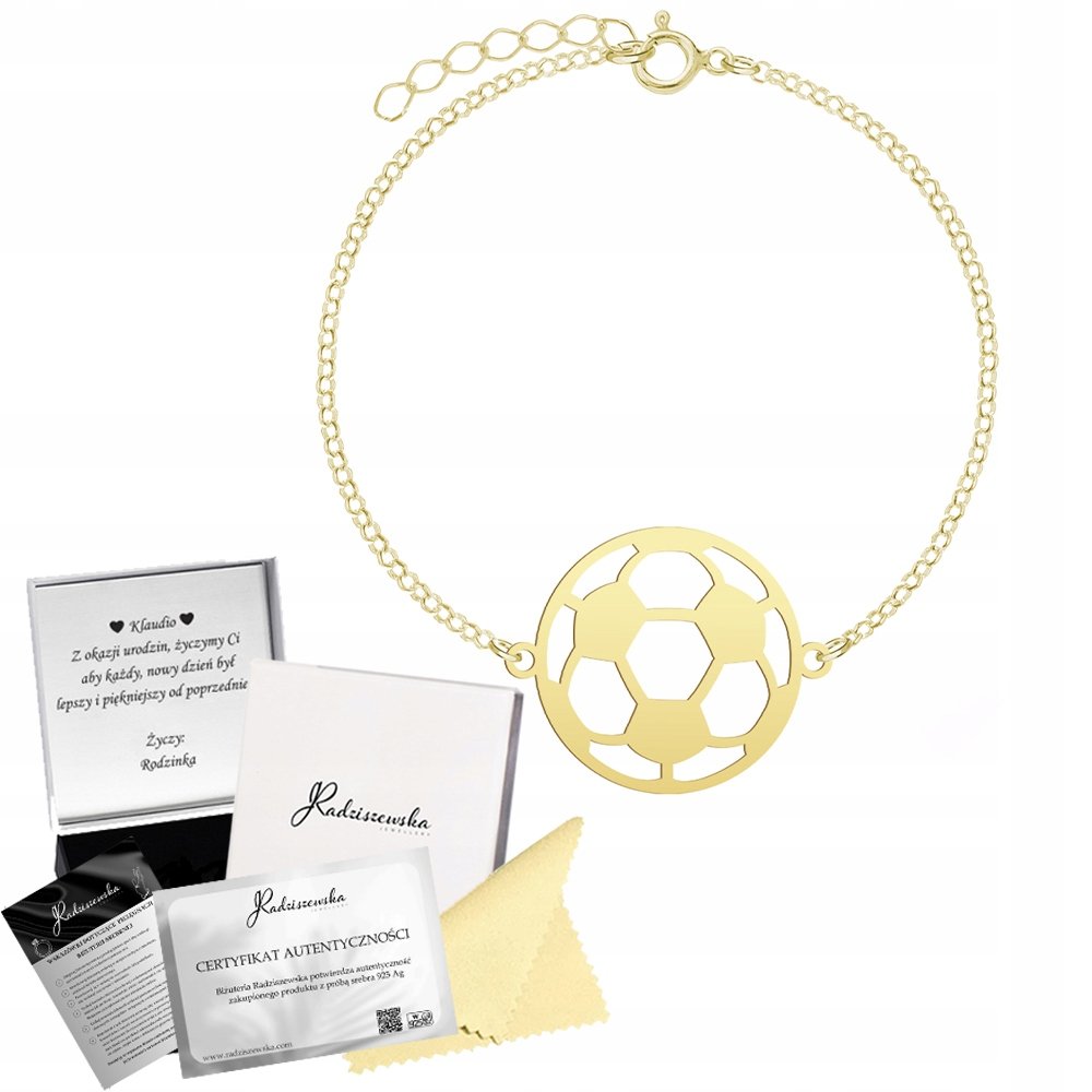 Bransoletka Złota Piłka Nożna Łańcuszek SREBRO 925 Prezent GRAWER GRATIS