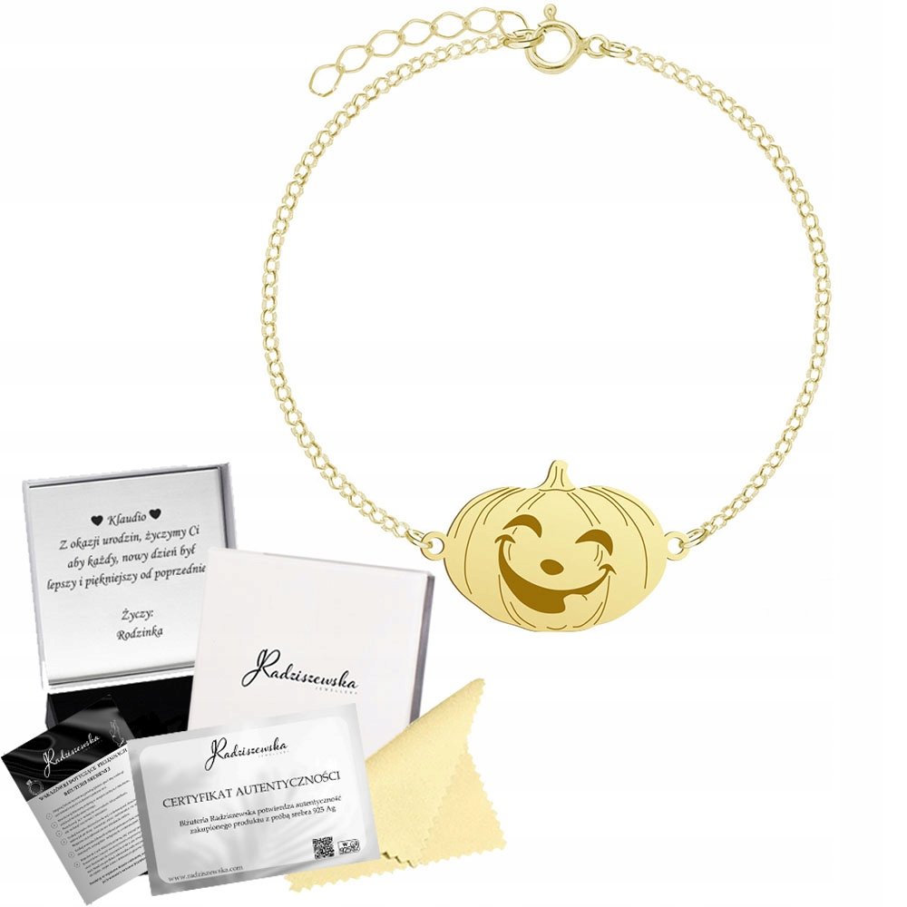 Bransoletka Złota z Dynią Halloween 925 Łańcuszek Prezent GRAWER ŻYCZENIA
