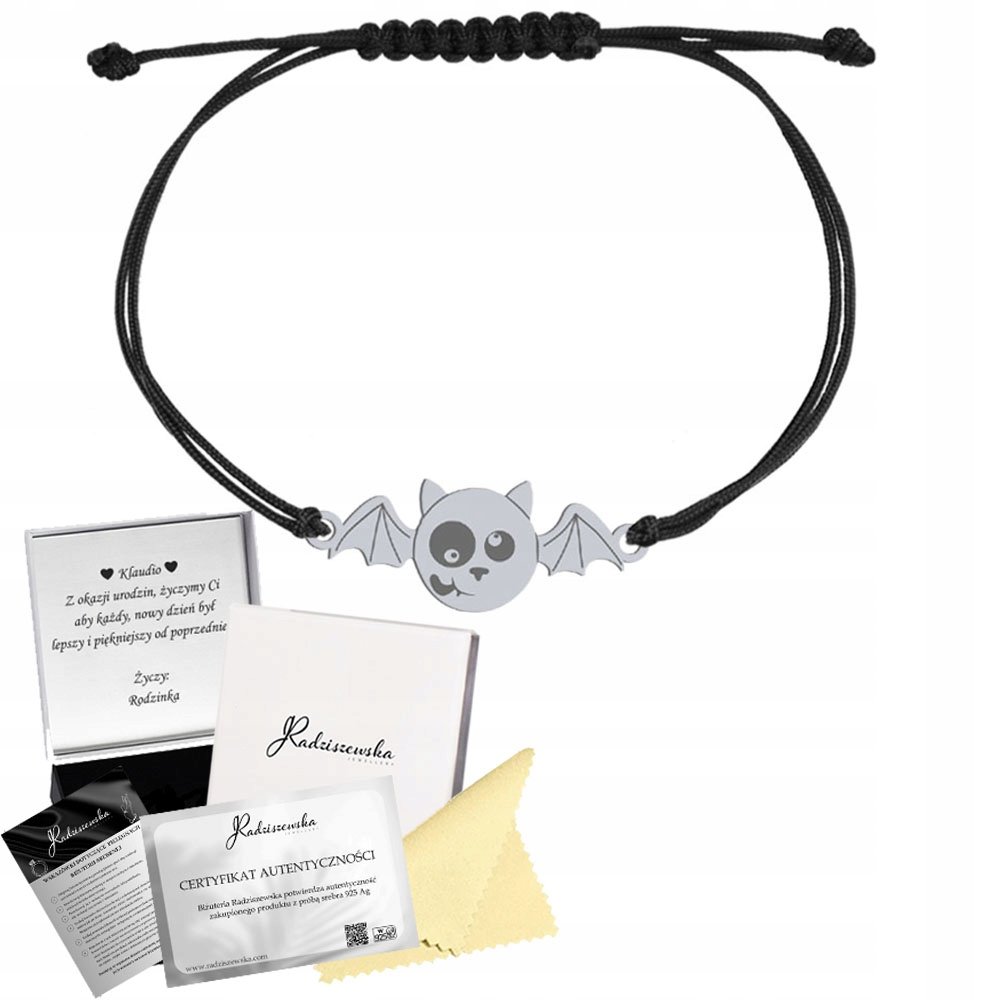 Bransoletka Srebrna Nietoperz Halloween 925 Sznurek Prezent GRAWER ŻYCZENIA