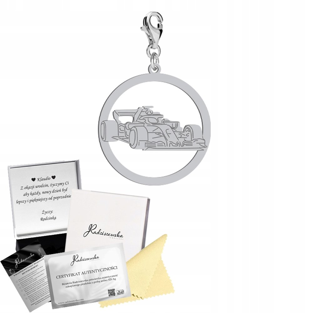 Charms Srebrny Bolid Formuła 1 SREBRO 925 Prezent DEDYKACJA GRATIS