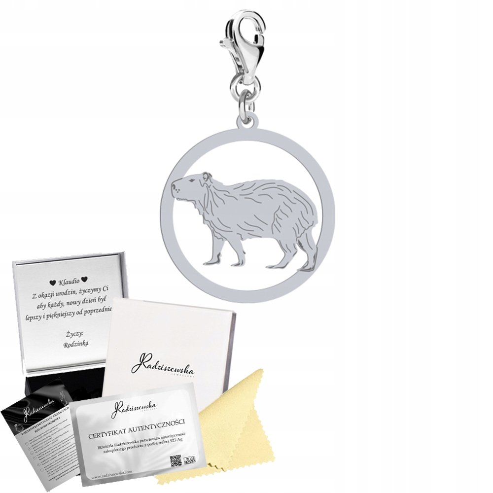 Charms Srebrny KAPIBARA Prezent Biżuteria Zawieszka 925 ŻYCZENIA GRATIS