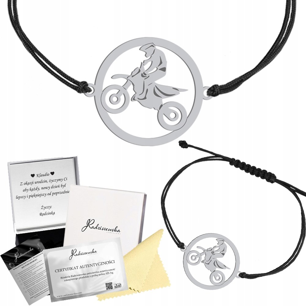 Bransoletka Srebrna Motocross Sznurek Srebro 925 Prezent GRAWER GRATIS