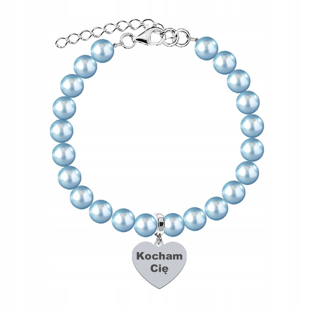 Bransoletka Srebrna z Pereł Serce Kocham Cię Grawer Życzenia Gratis