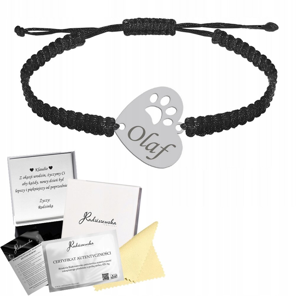 Bransoletka Srebrna ŁAPKA PSA KOTA Imię Pupila Serce Sznurek 925 GRAWER