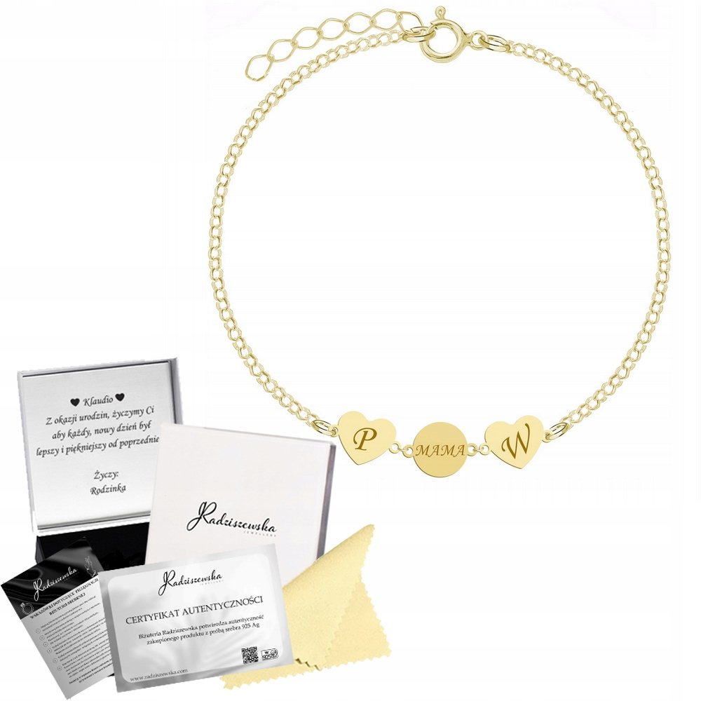 Bransoletka Złota dla Mamy Serca Blaszka Mama Inicjały GRAWER 925 Prezent