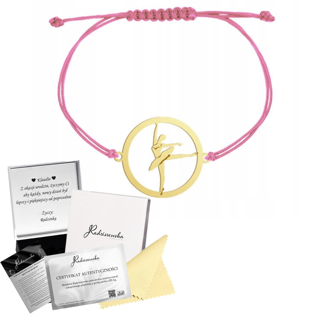 Złota Bransoletka Baletnica Balet na sznurku 925 GRAWER DEDYKACJA GRATIS