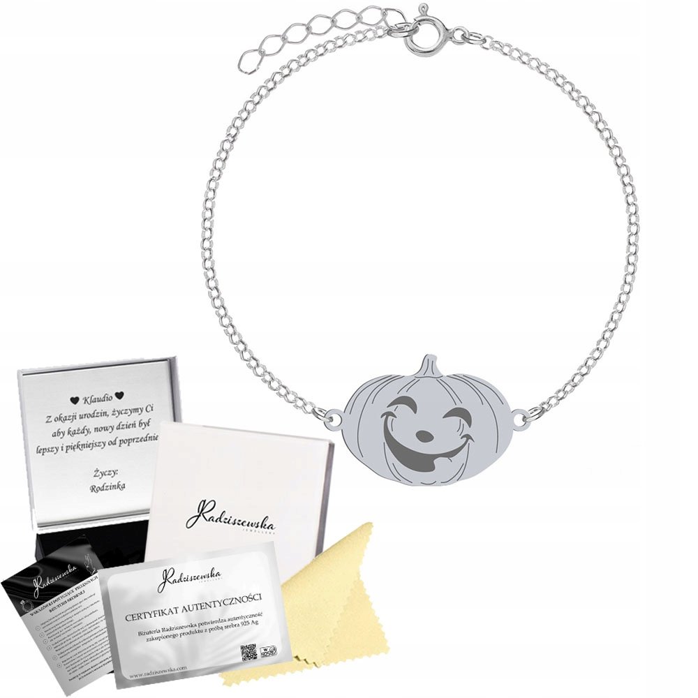 Bransoletka Srebrna Dynia Halloween 925 Łańcuszek Prezent GRAWER ŻYCZENIA