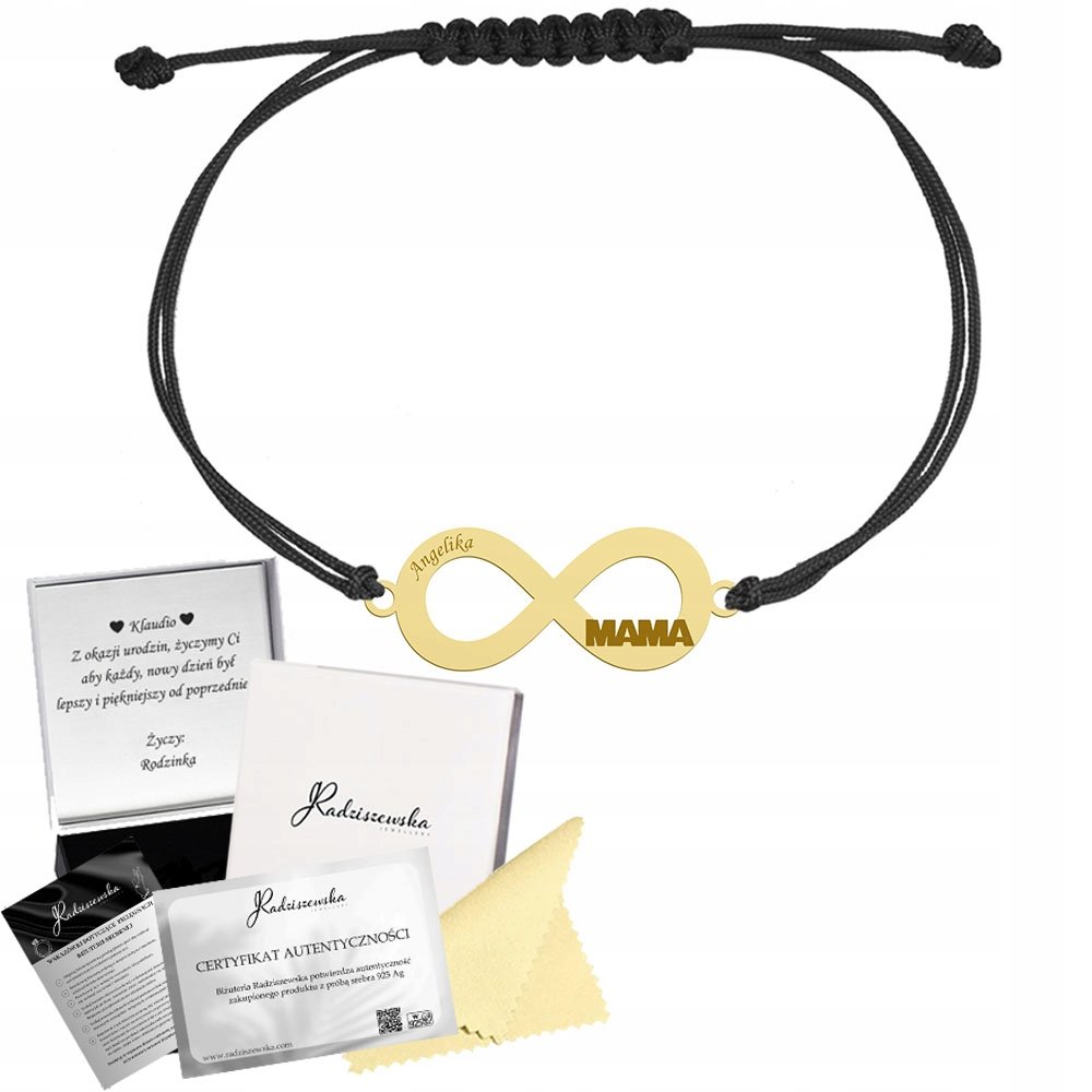 Bransoletka Złota dla Mamy Nieskończoność Srebro 925 Grawer Sznurek